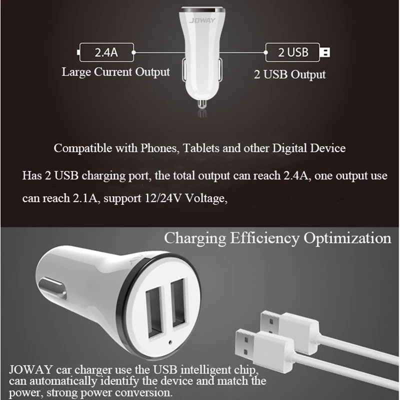 JOWAY устройство для автомобиля с двумя портами USB Зарядное устройство 2.4A быстро Зарядное устройство для iPhone 6S 6 plus SE для samsung Xiaomi мобильных телефонов Планшеты в машину с USB, туманный распылитель, Зарядное устройство