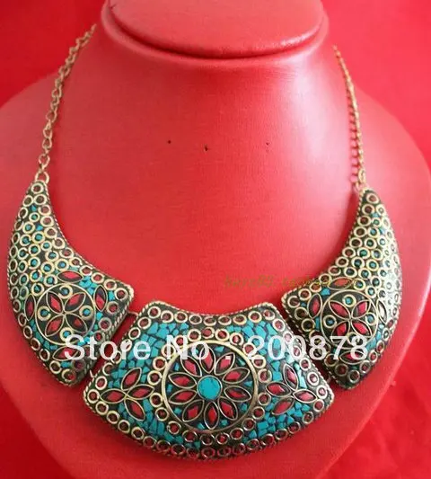 

Tibetan JewelryTNL516 Designer Charming Nepal Indian brass inlaid turquoise coral pendant necklace,2013 Ethnic BOHO Free ship