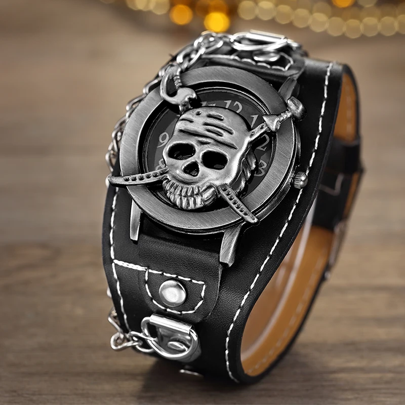 

Hot Sales O.T.SEA Brand Pirate Skull Leather Watches Luxury Men Women Punk Sports Quartz Wrist Watch Orologio Uomo 1831-1