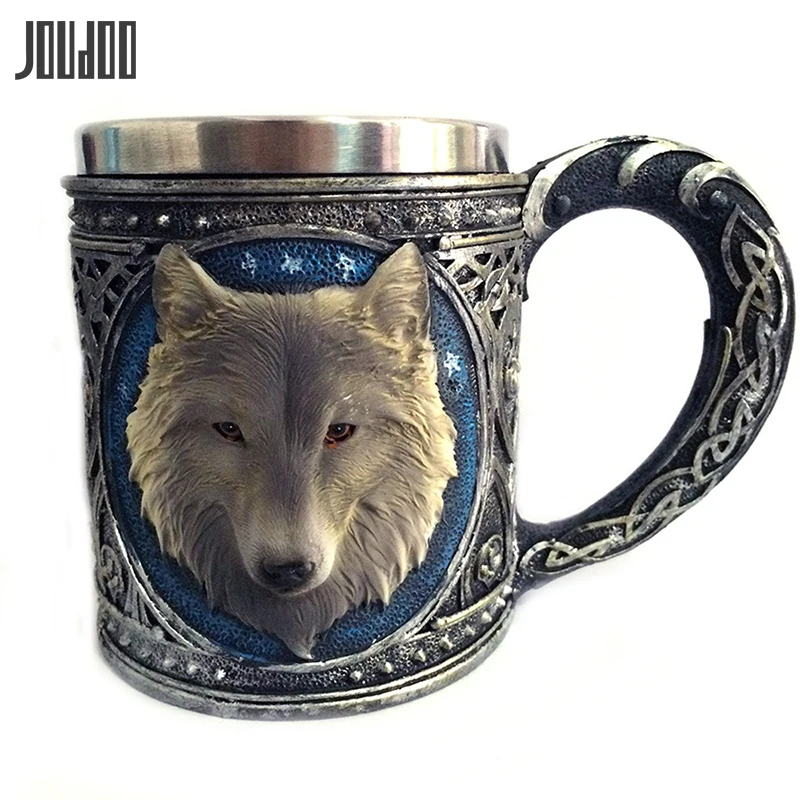 

JOUDOO 450ml Home Water Cups 3D Wolf King Head Pattern Mug Retro Resin Stainless Steel Coffee Tea Cup Creative Cups 35
