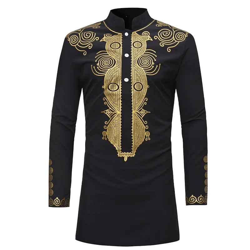 

2019 new ethnic print shirt with long stand collar top