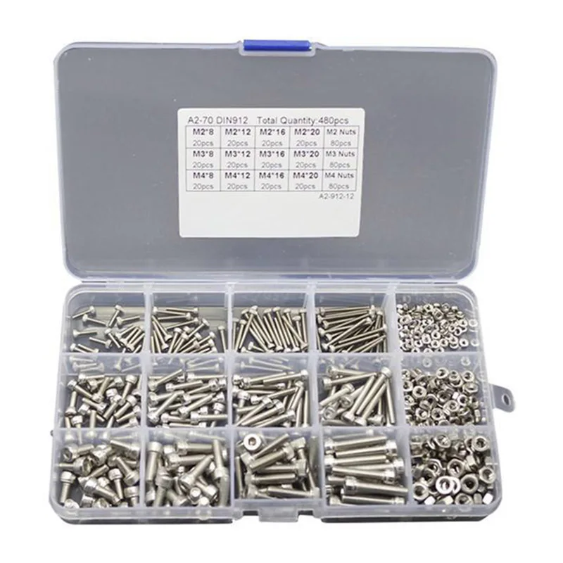 

480Pcs M2 M3 M4 Screws Set With Storage Box Stainless Steel Hex Socket Head Cap Screw Nut Kit QJ888