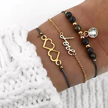 3 Pcs/Set Simple Rope Chain Love Heart Charm Bracelets Bangles Set Gold Link Chain Black Beads Bracelet Lucky Friendship Jewelry straw woven rope beads friendship bracelets set