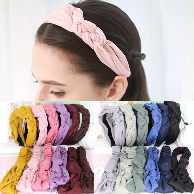 

2018 New Braided Headbands Fashion Ribbon Knotted Headwrap For Women Girls Turban Elastic Hair Accessories 13 Colors