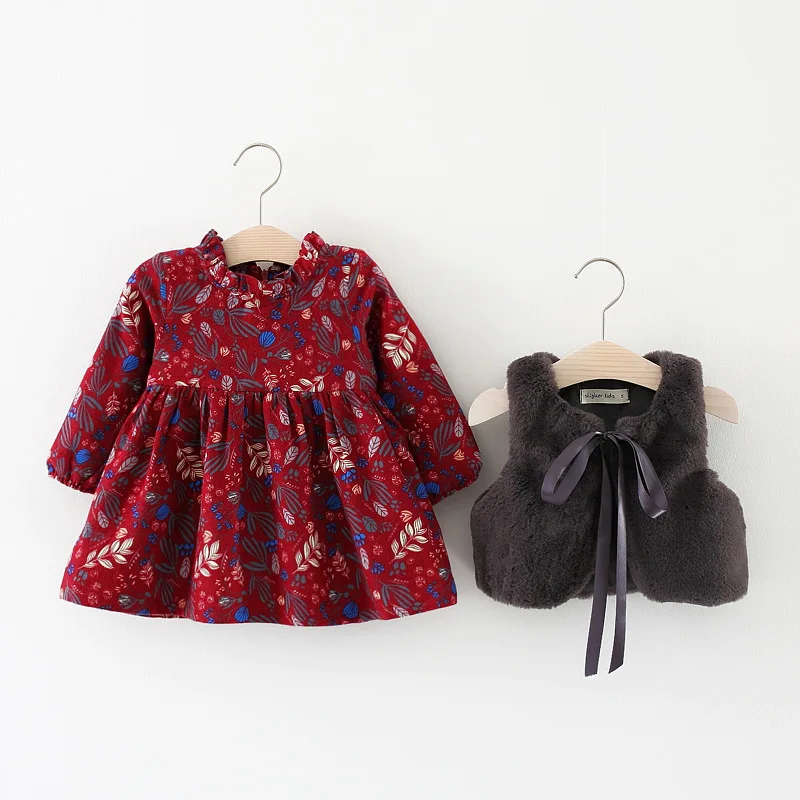

Winter Baby Infants Girls Kids Children Faux Fur Fleece Waistcoat Vest+Vintage Princess Long Sleeve Dress Vestido clothes Set