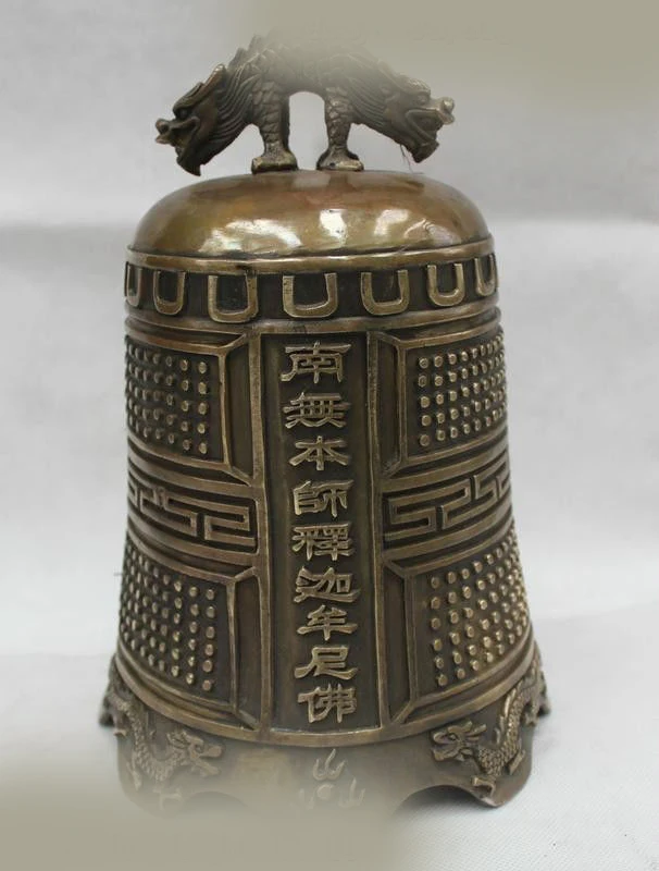

DS 10"Ancient China Dynasty Buddhism Temple Bronze Lucky Two Dragon Zhong Bell Stat