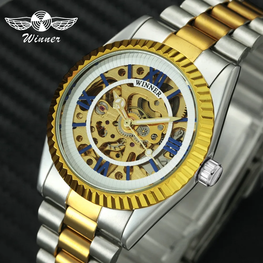 

Top Luxury Brand Unisex Golden Skeleton Watches WINNER Men Women Automatic Mechanical Wrist Watches Full Stainless Steel Clock
