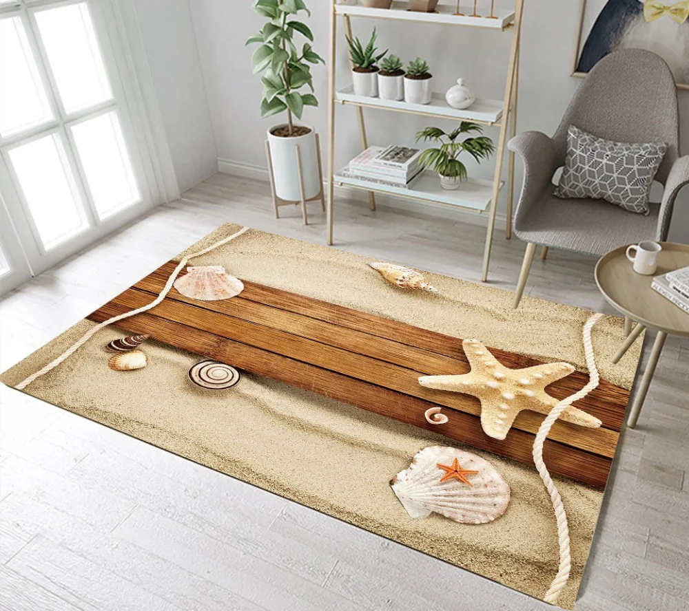 

LB Wood Plank Conch Shell Beach Area Rug Scallop Starfish Bedroom Floor Mat Indoor Carpet Seascape for Kid Living Room Bathroom