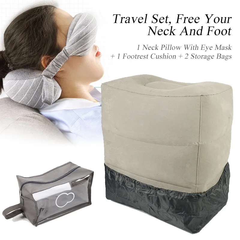 

XC USHIO Portable Travel Set Travel Neck Pillow Eye Mask Inflatable 3 Layer Footrest Cushion With Dust Cover& Storage Bag Train