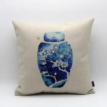 

LINKWELL 18x18" Fashion Plum Blossom Ceramic Vase Dark Blue and White Porcelain Burlap Cushion Cover Pillowcase Chinese Style