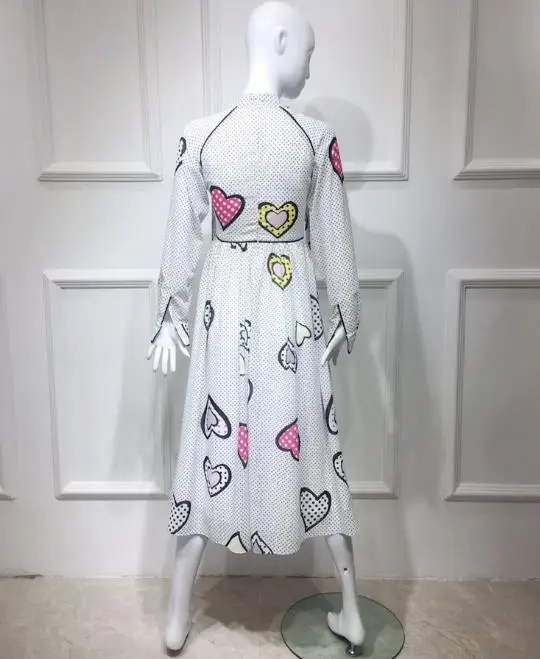 Весеннее модное платье в горошек с принтом Love, винтажное элегантное платье с глубоким v-образным вырезом и длинным рукавом, длинное платье трапециевидной формы