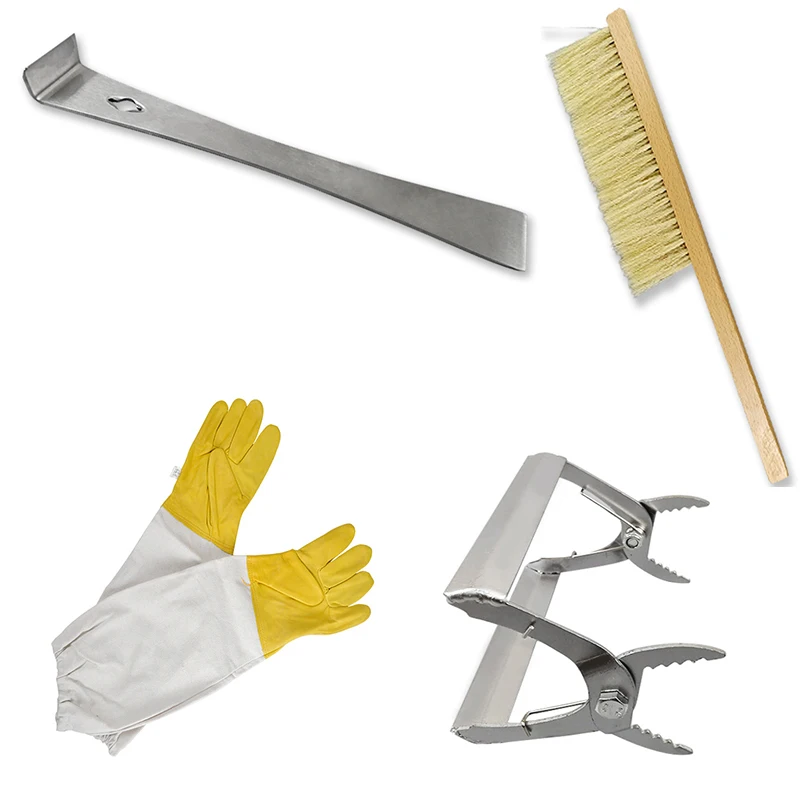 

Beekeeping Gloves Bee Brush/Multi-purpose Stainless Steel Scraper/Stainless Steel Nest Frame Spleen-lifting Clamp Four-piece Set