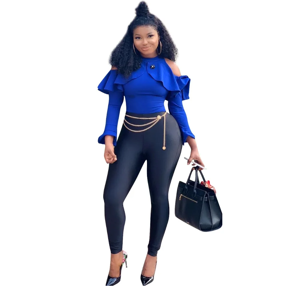 Ruffles Cold Shoulder Jumpsuit Women Casual Color Block Long Sleeve O Neck Bodycon Overalls For Slim Evening Party Rompers | Женская