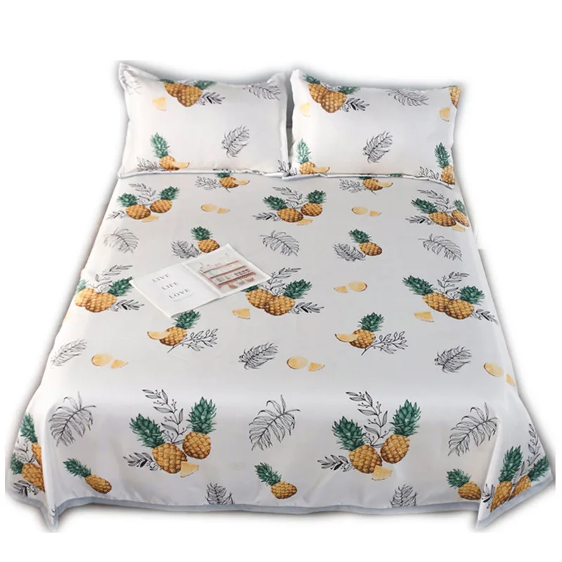 

3pcs/set cool summer mat pineapple bedspread 1pc flat sheet +2pillowcase round Edge Bed cover set bird bedding set beige linens