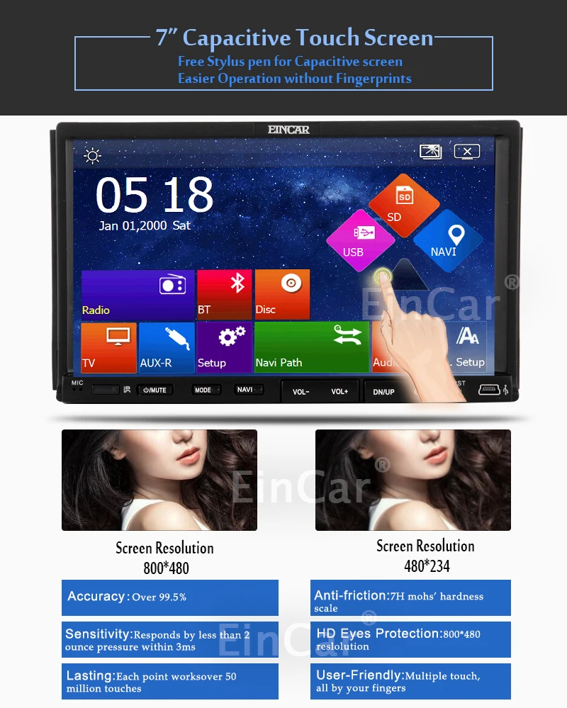 EinCar GPS Navi Capacitive Touch Screen Head Unit Receiver Audio In Dash System PC Double Din CD DVD Player Car Video Auto radio BT Audio Car Stereo 7 Inch Aux Camera