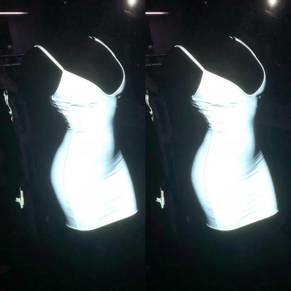 

Summer Women Sexy Deep-V Sundress Street Sleeveless Spaghetti Strap fashion Reflective Party Night Club Silver Mini Dresses
