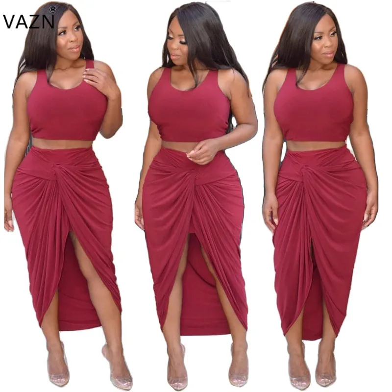 

VAZN 2019 New Sexy Night Club Brand Fashion 2 Piece Set Solid O-Neck Tank Sleeve Midi Skirts Hollow Out Lady Slim Set DAN8057