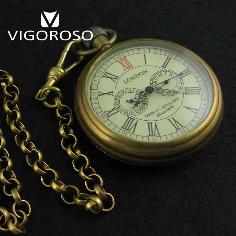 Pocket Watch Mechanical Hand Winding Roman numerals 12/24 Hours Vintage Clock Collectible Antique Copper FOB Chain