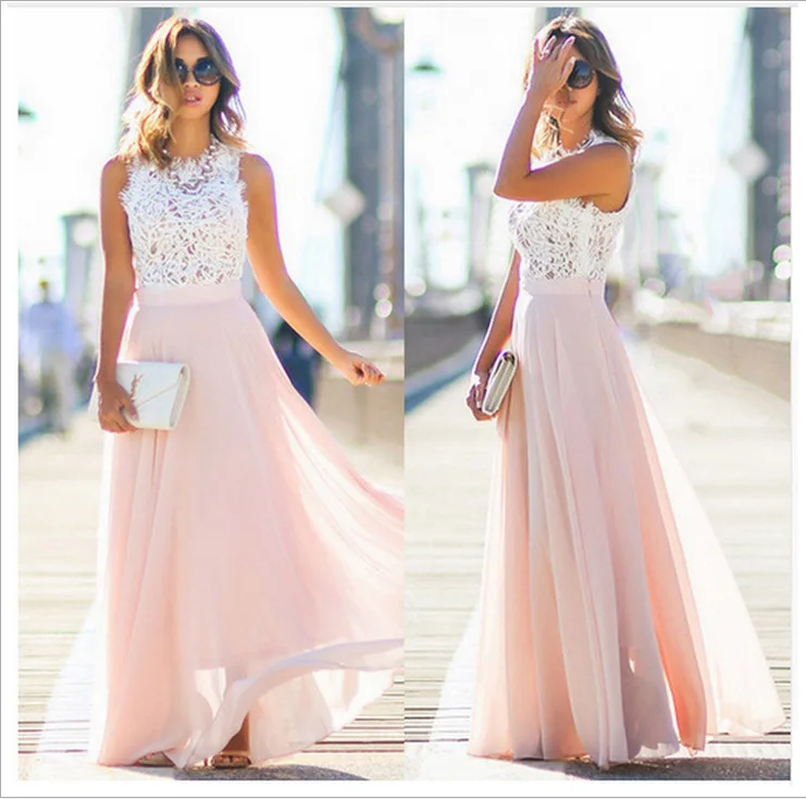 

2018 Europen and American New Women clothes Lace Spliced Dress Chiffon Super Long Dress Summer Sleeveless dress Ball Gown Dress
