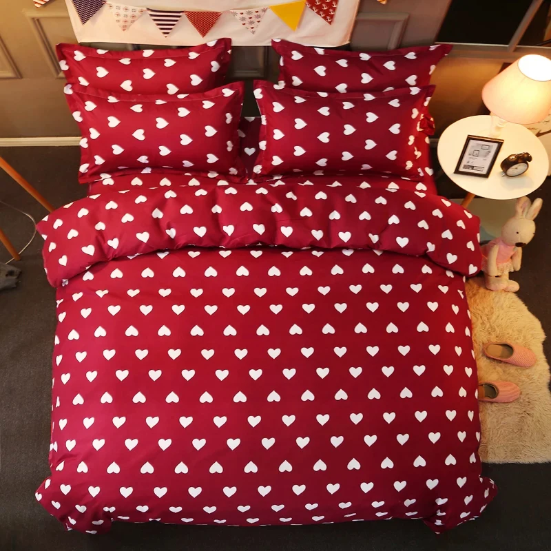 

Home bedding 4pcs flat sheet set red heart star bed linen set sheet pillowcase&duvet cover set cute child bedclothes leaf cover