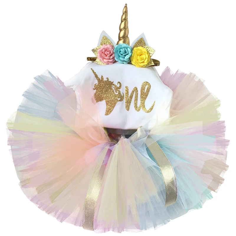 Одежда для малышей и девочек Единорог Платье Костюм для Cake Smash Радужное платье принцессы с юбкой-пачкой, 1 год платье для дня рождения, костюм на возраст от 12 мес - Цвет: 1