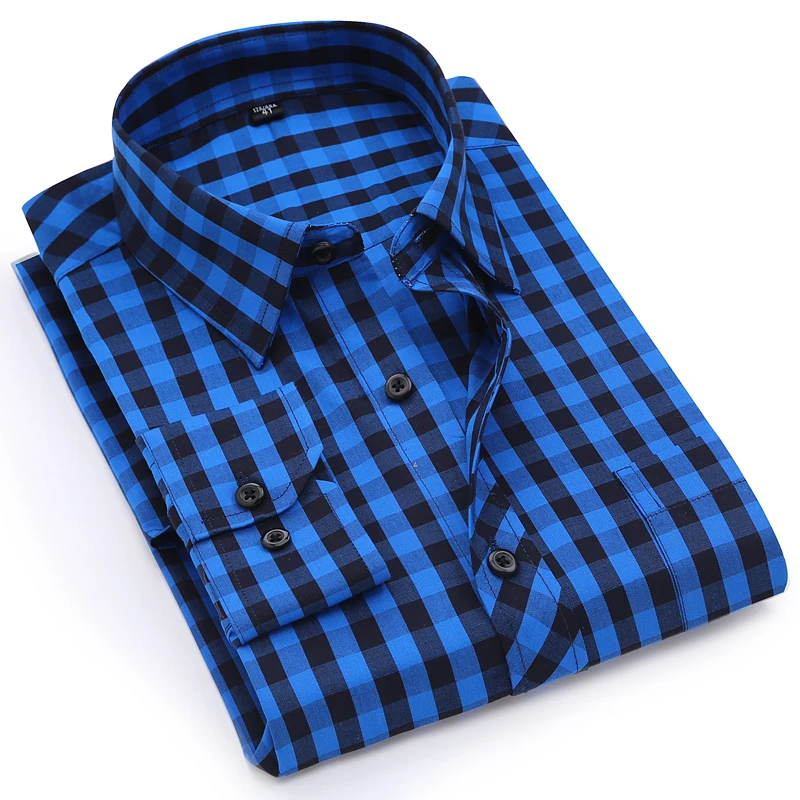 Bajo costo Camisa de manga larga informal para hombre, camisa a cuadros con un solo bolsillo, suave, transpirable, 100%, algodón, elegante Vq1jRODA