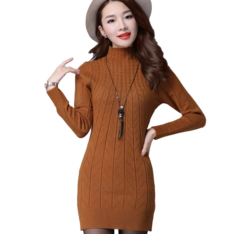 Autumn Knitted Cotton Wool Solid Skinny Stand Collar Women Medium Long Sweater Dresses Elastic Sexy Winter