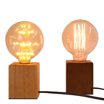 

LBAH Vintage Edison bulb Incandescent E27 Table Lamp Bedside Cafe Night Light Solid Wooden Lamp holder EU/US Plug