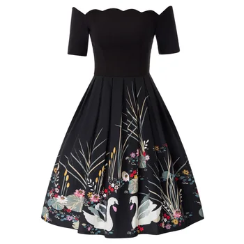 

Women Off Shoulder Sexy Vintage Dress Short Sleeve 1950s rockabilly Robe Big Swing Tunic 2018 Ladies Casual Party Summer Dress