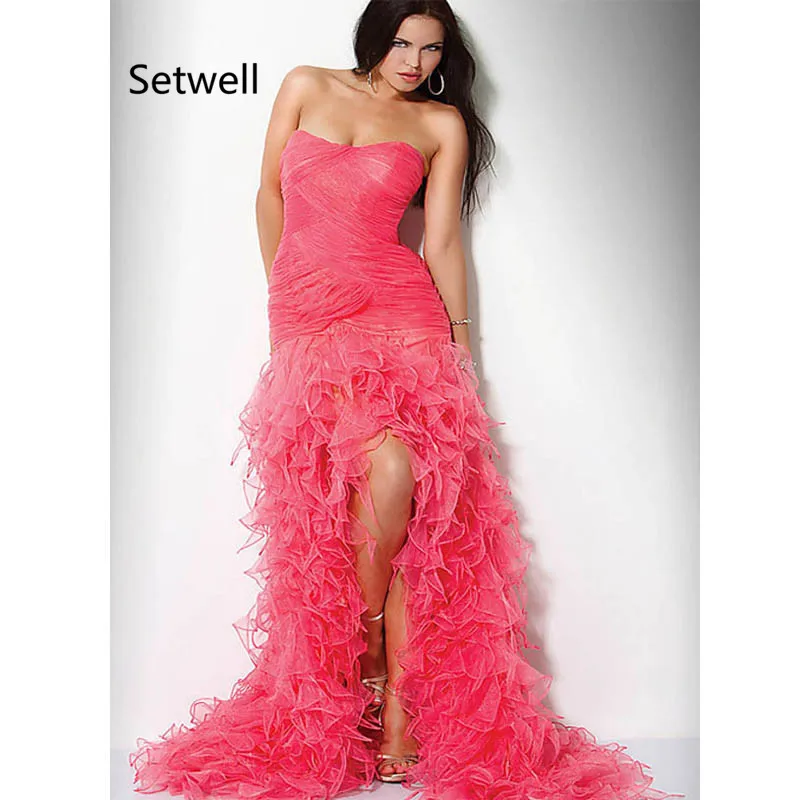 

Setwell New High Low Evening Dresses Cute Pink Organza Ruched Evening Gown Sweep Train Long Mermaid Prom Dress 2017
