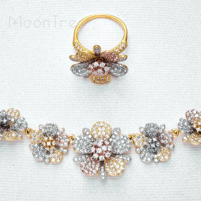 Женское Ожерелье MoonTree с тонкими цветами микро AAA фианит 3 тона|Ювелирные наборы| |