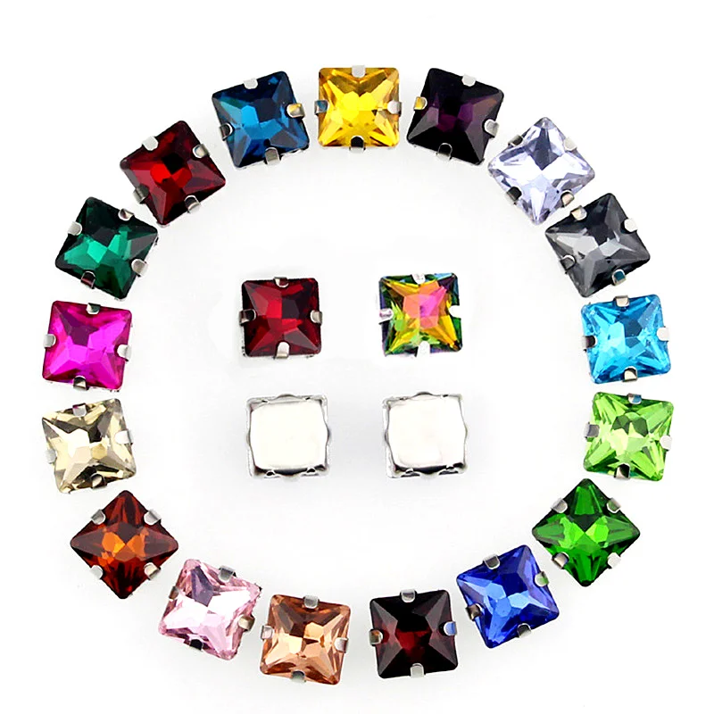 

4 Sizes Square Shape Colorful Glass Sew On Rhinestone With Silver Claw Flatback Crystal Sew On Claw Rhinestone For Garment B0223