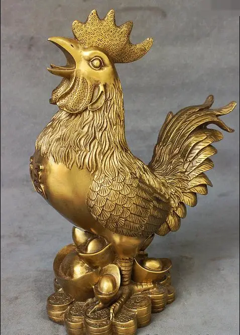 

15" Chinese Brass Wealth Feng Shui Zodiac Year Rooster Cock Art Sculpture Statue fast