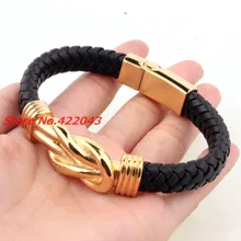 8.85″ 10.8mm Promotion men womens bracelet bangle black leather jewelry gold stainless steel chain fashion accessories wholesale