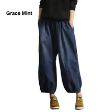 Новые весенние Свободные повседневные джинсы с эластичной резинкой на талии винтажные хлопковые синие джинсы широкие джинсы шаровары Капри женские