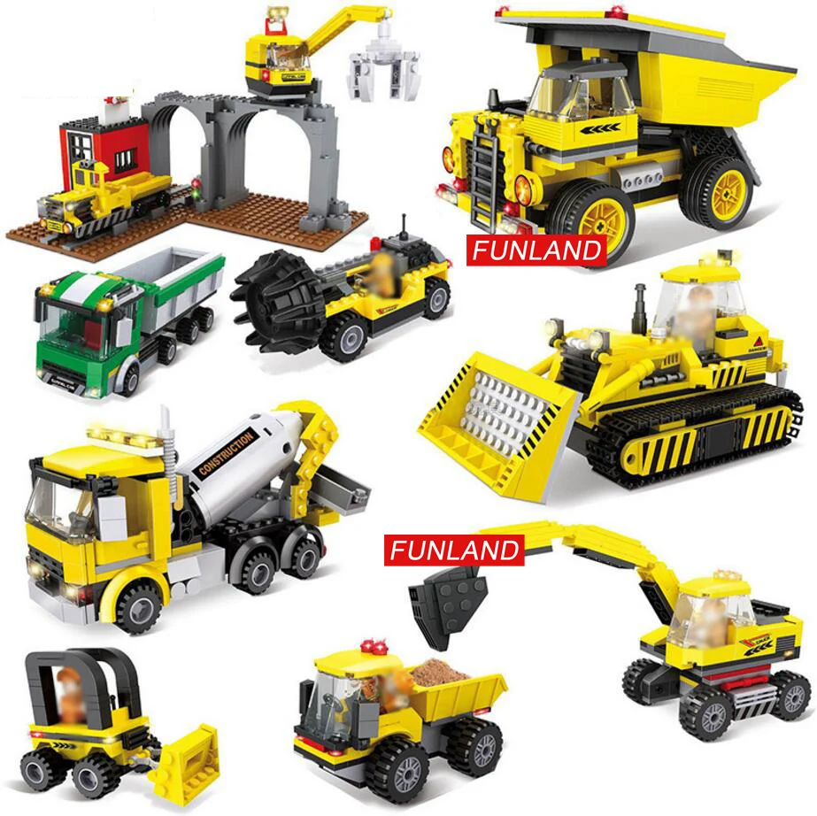 

City Engineering vehicle Mine scene building block Cement mixer Excavator Bulldozer bricks Miners Worker figures educational toy