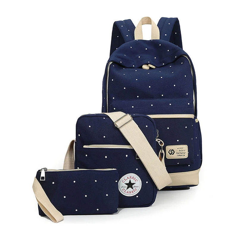 Canvas Women Backpack Big Girl Student Book Bag With Purse Laptop 3pcs Set Bag Preppy Style