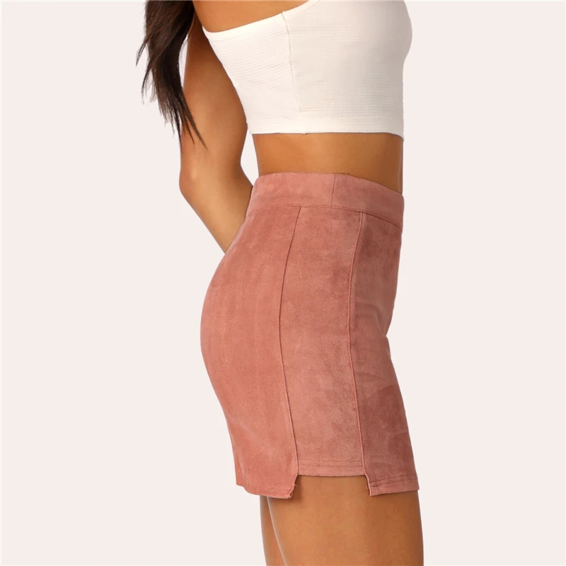 Dotfashion, Женская замшевая юбка с вырезами и швами, Элегантные короткие женские юбки футляр,, средняя талия, розовая Летняя мини юбка