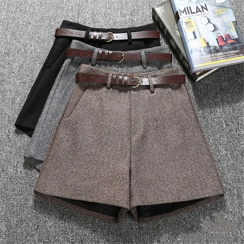 

Women 2018 Autumn Winter High Waist Woolen Loose Short Pants Female Casual Comfortable Elegant Wild Short Pants With Sashes V211
