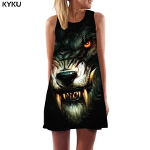 KYKU Wolf Dress Women Blood Ladies Dresses War Office Animal Korean Style Black Party Womens Clothing Summer New Cool Femme wolf by wolf blood for blood