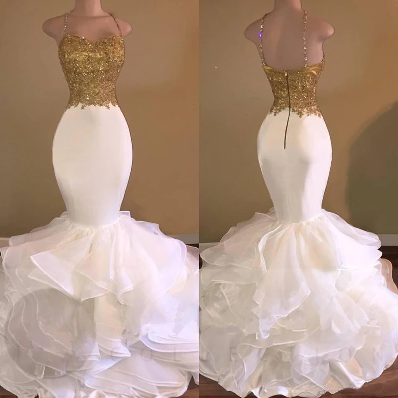 

Sexy Mermaid White Satin Prom Gowns Gold Sequin Spaghetti Strap Evening Gown Tulle Ruffles Floor-Length Formal Party Dress
