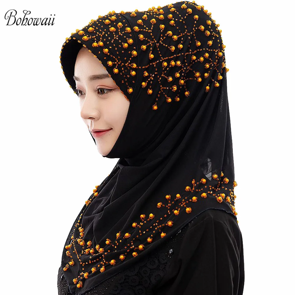 

BOHOWAII New Design Headscarf Muslim Hijab Extensions Neck Chest Beading Decoration Hiyab Malaysia Hijab Bonnet