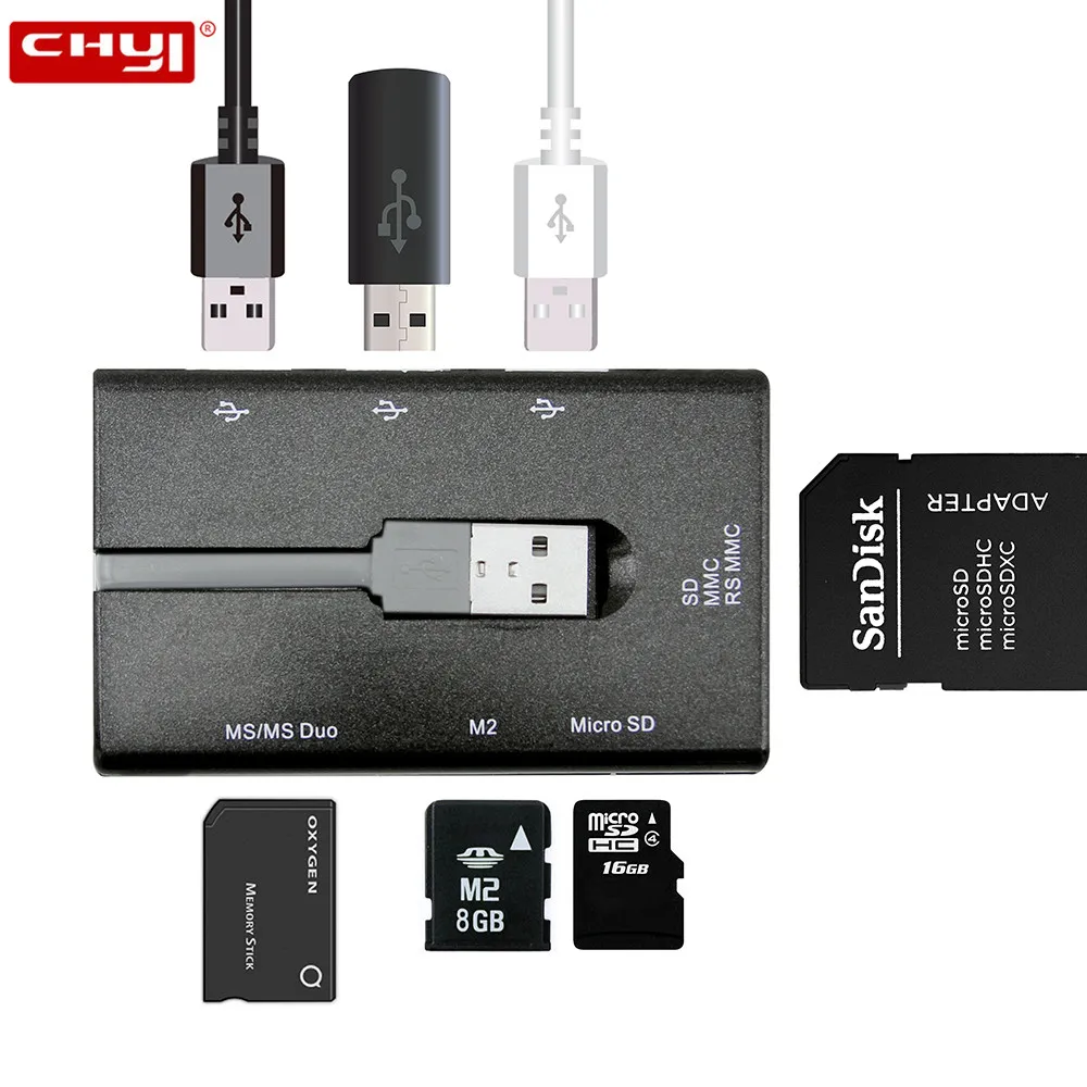 

8 in 1 USB 2.0 HUB Combo Super Card Reader Built-in Micro SD/M2/MMC/MS DUO Card Slot OTG Splitter Adapter For Android Phones PC