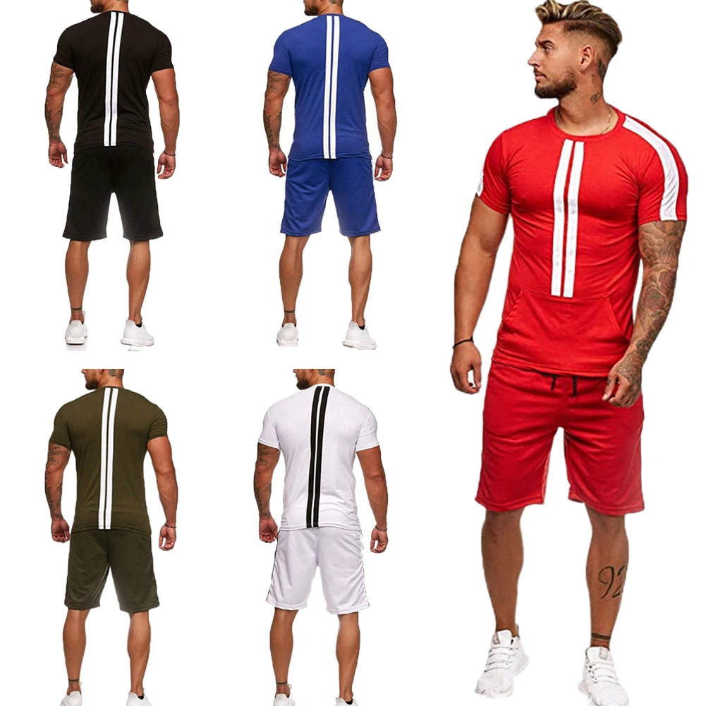 Летний комплект из двух предметов набор мужского спортивного костюма Короткие Sleev Спорт футболка + Однотонные шорты брюки Повседневное