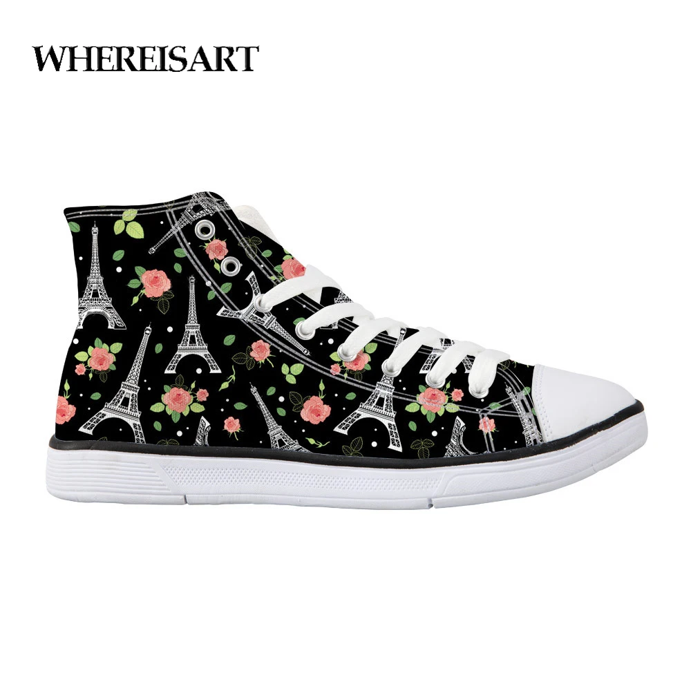 

WHEREISART Eiffel Tower Canvas Women Daily Vulcanized Shoes Lace-up Casual Student Shoes Woman High Top Canvas Shoes femme