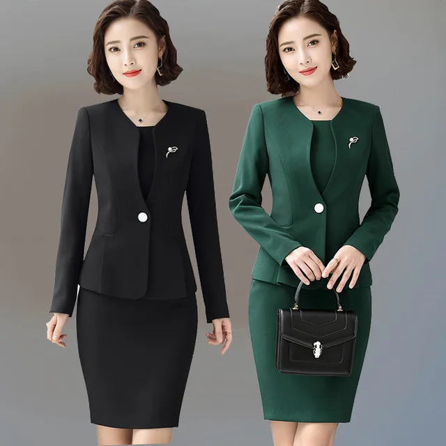 Для женщин офисное платье костюмы 2 шт. наборы для ухода за кожей блейзер и платье дамы черный, белый цвет зеленый платья женщи