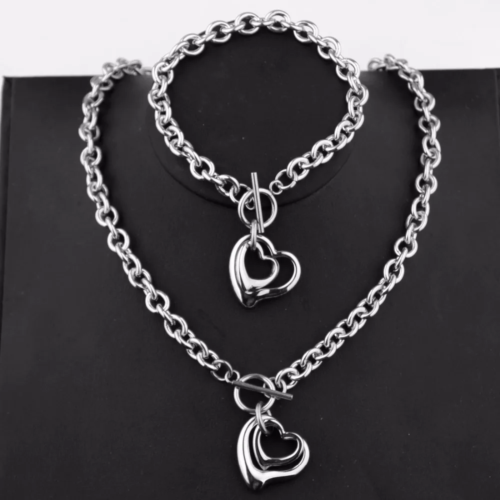 

8mm Wide O Link Chain Women's Hollow Hearts Stainless Steel Silver Color Necklace&Bracelet Jewelry Set 18"/8"