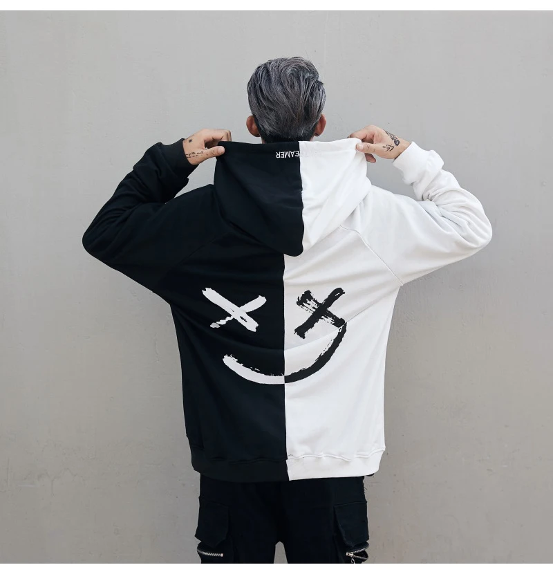Aolamegs Hooded Sweatshirts Men Women Patchwork Smile Print Hoodie Fashion Casual Hip Hop Streetwear Contrast color Men Clothing (11)