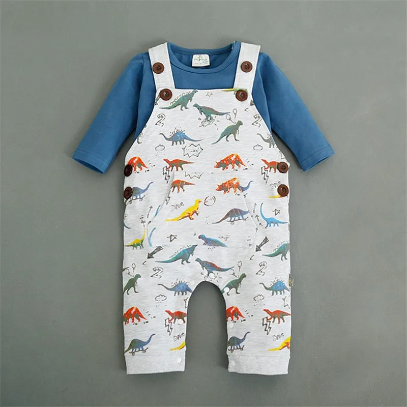 Костюм для новорожденных с динозавром; комплект одежды для мальчиков; комбинезон+ футболки с длинными рукавами; комплект из 2 предметов; одежда с рисунком автомобиля; теплый комбинезон для малышей