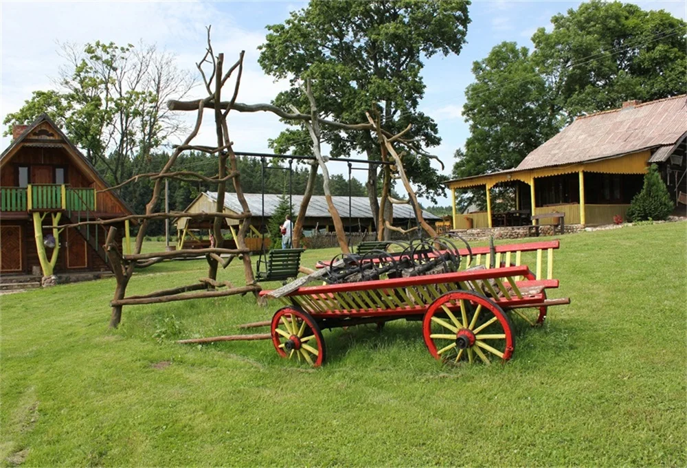 

Laeacco Rural House Yard Carriage Green Grass Tree Blue Sky Scenic Photo Backgrounds Photography Backdrops For Photo Studio